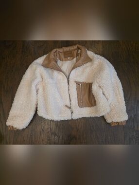 Blank NYC Cream Sherpa Jacket with Tan Faux-Leather Trim